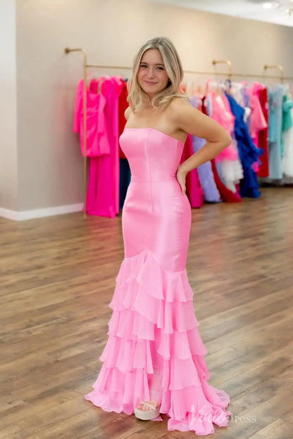 Pink Strapless Satin Prom Dress with Ruffled Tulle Mermaid Skirt – SS082-Homecoming Dresses 2025 -Viniodress-Pink-Custom Size-