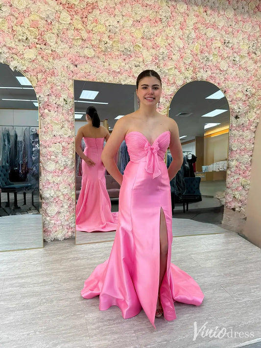 Pink Strapless Satin Prom Dress with Sweetheart Neckline, Bow Detail, and Slit – FD6161-prom dresses 2025 -Viniodress-Pink-Custom Size-