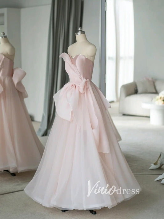 Pink Strapless Satin Prom Dresses Bow-Tie Formal Gown FD3416-prom dresses 2025 -Viniodress-Pink-Custom Size-