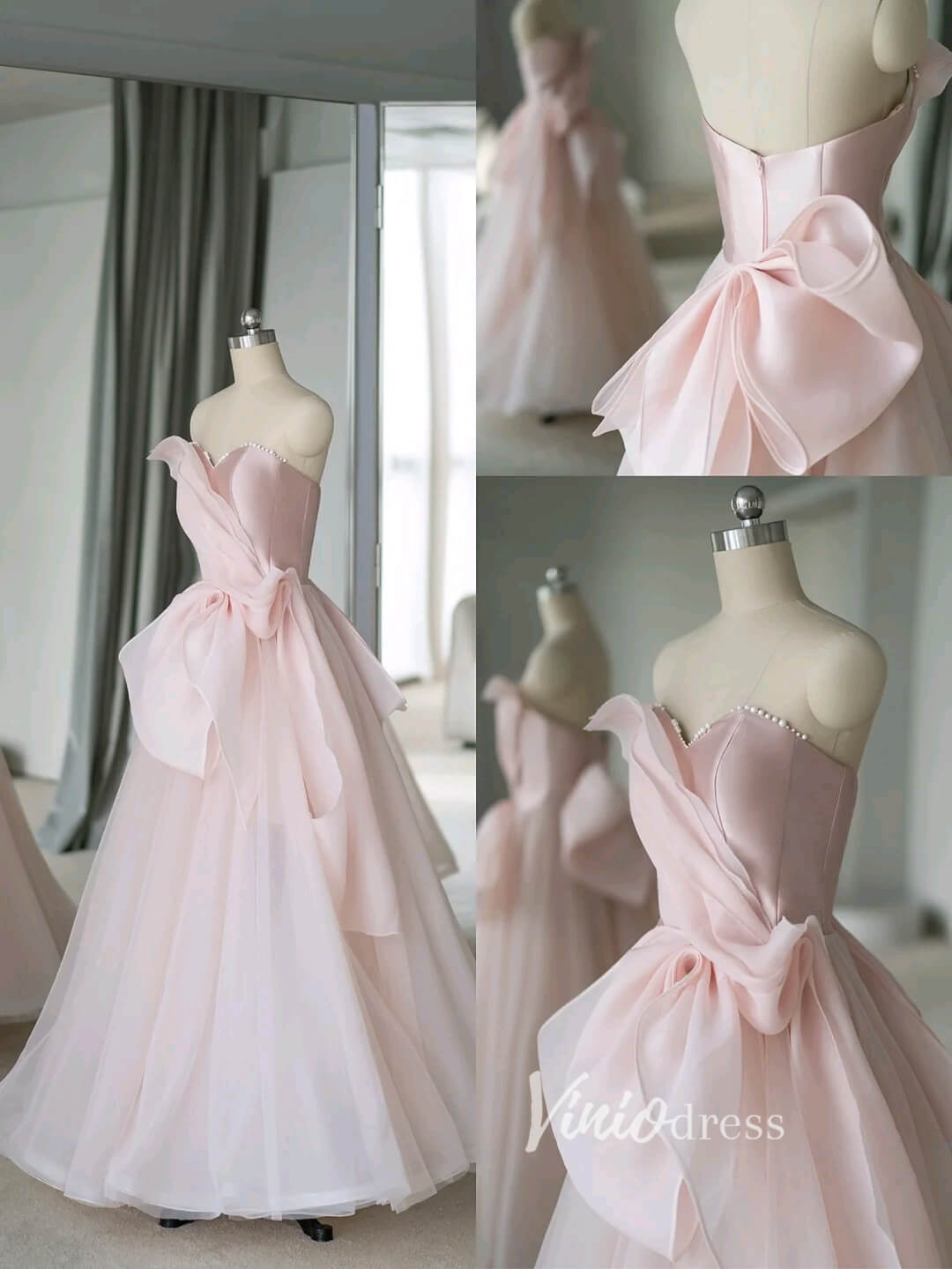 Prom Dress 2025 Pink Strapless Satin Prom Dresses Bow-Tie Formal Gown FD3416-unique prom dresses-Pink-Custom Size-Viniodress