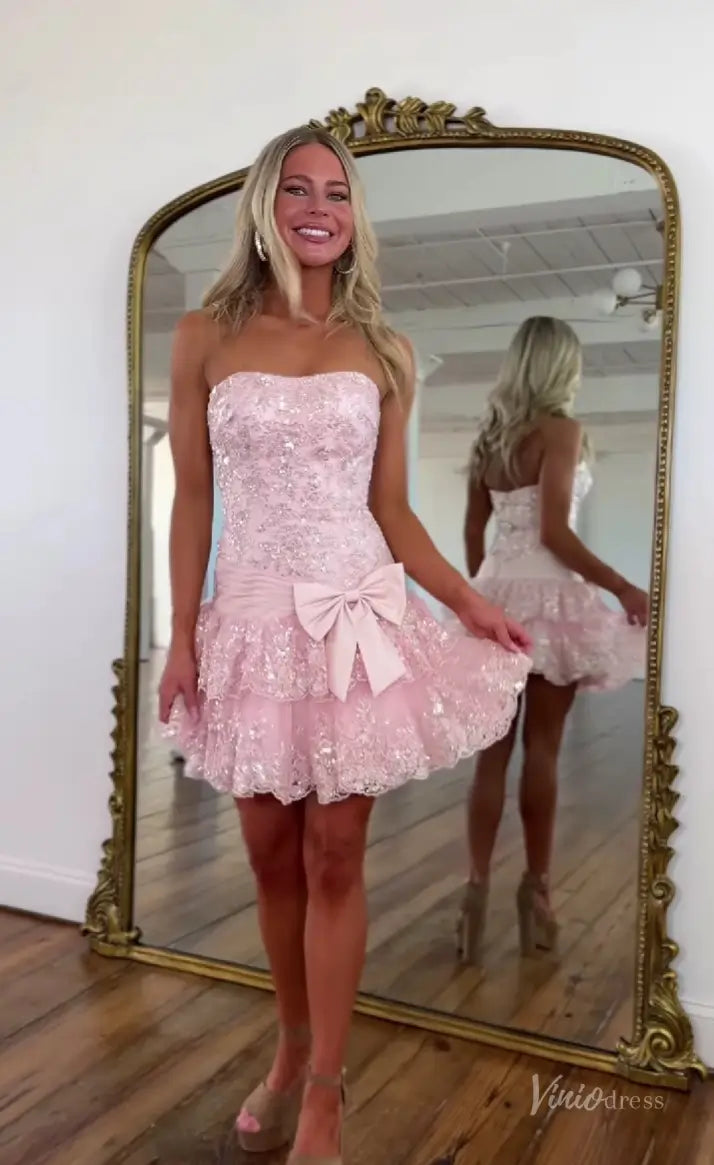 Pink Strapless Sequin Homecoming Dress with Satin Bow Waist & Tiered Ruffle Hem – H1192-prom dresses 2025 -Viniodress-Pink-Custom Size-