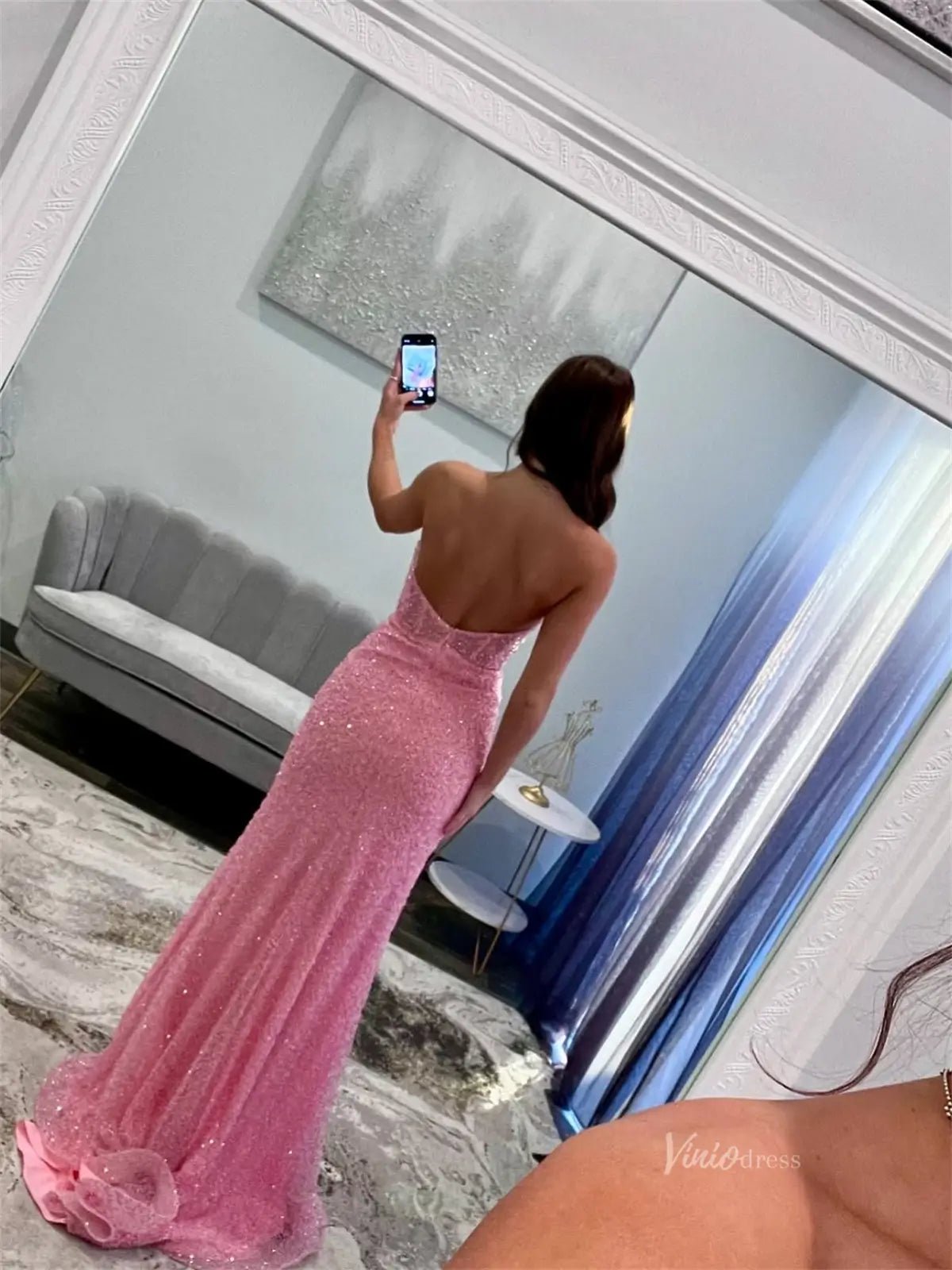 Pink Strapless Sequin Prom Dresses with Slit & Beaded Boned Bodice - FD6016-prom dresses 2025 -Viniodress-Pink-Custom Size-
