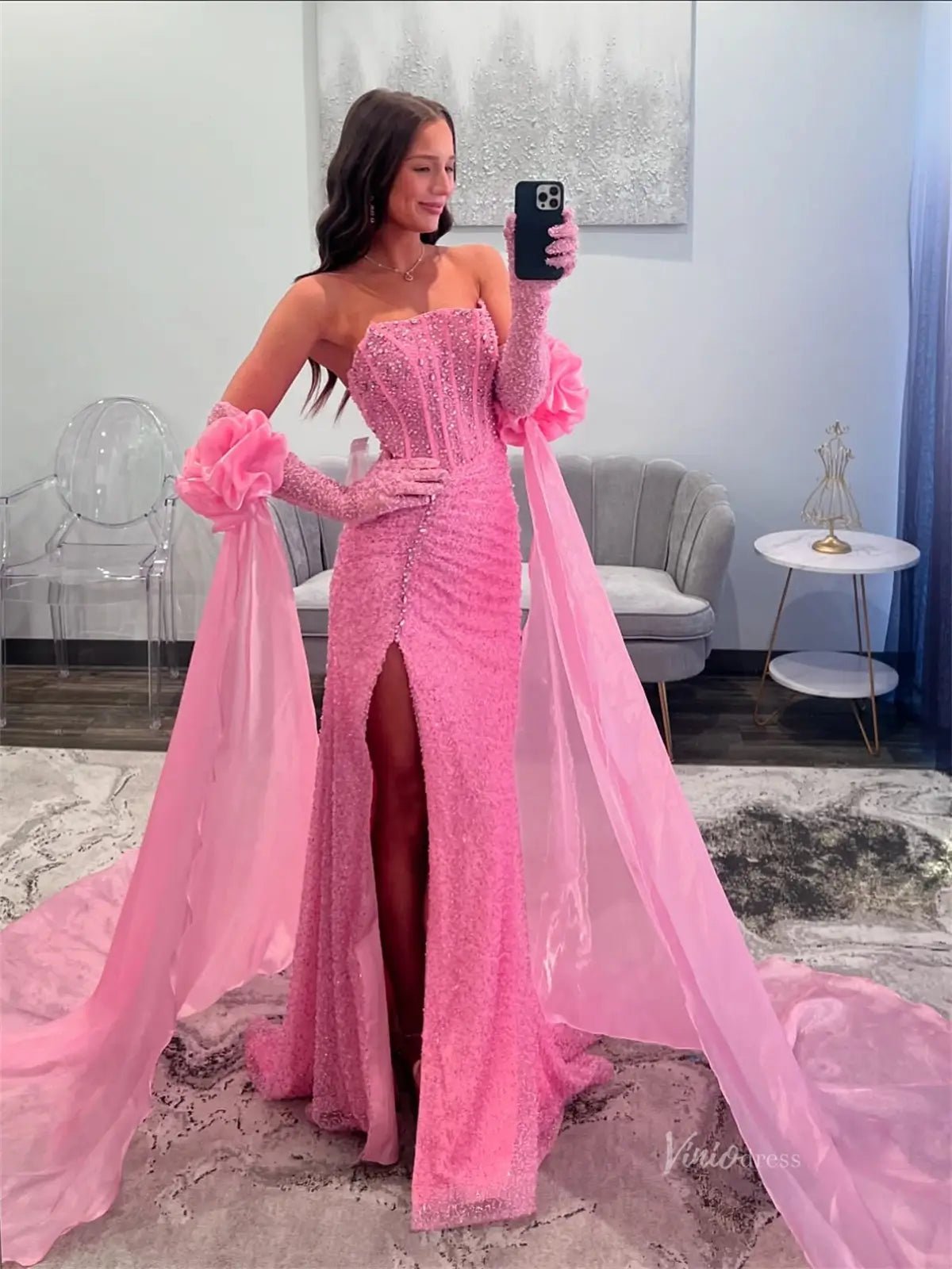 Pink Strapless Sequin Prom Dresses with Slit & Beaded Boned Bodice - FD6016-prom dresses 2025 -Viniodress-Pink-Custom Size-