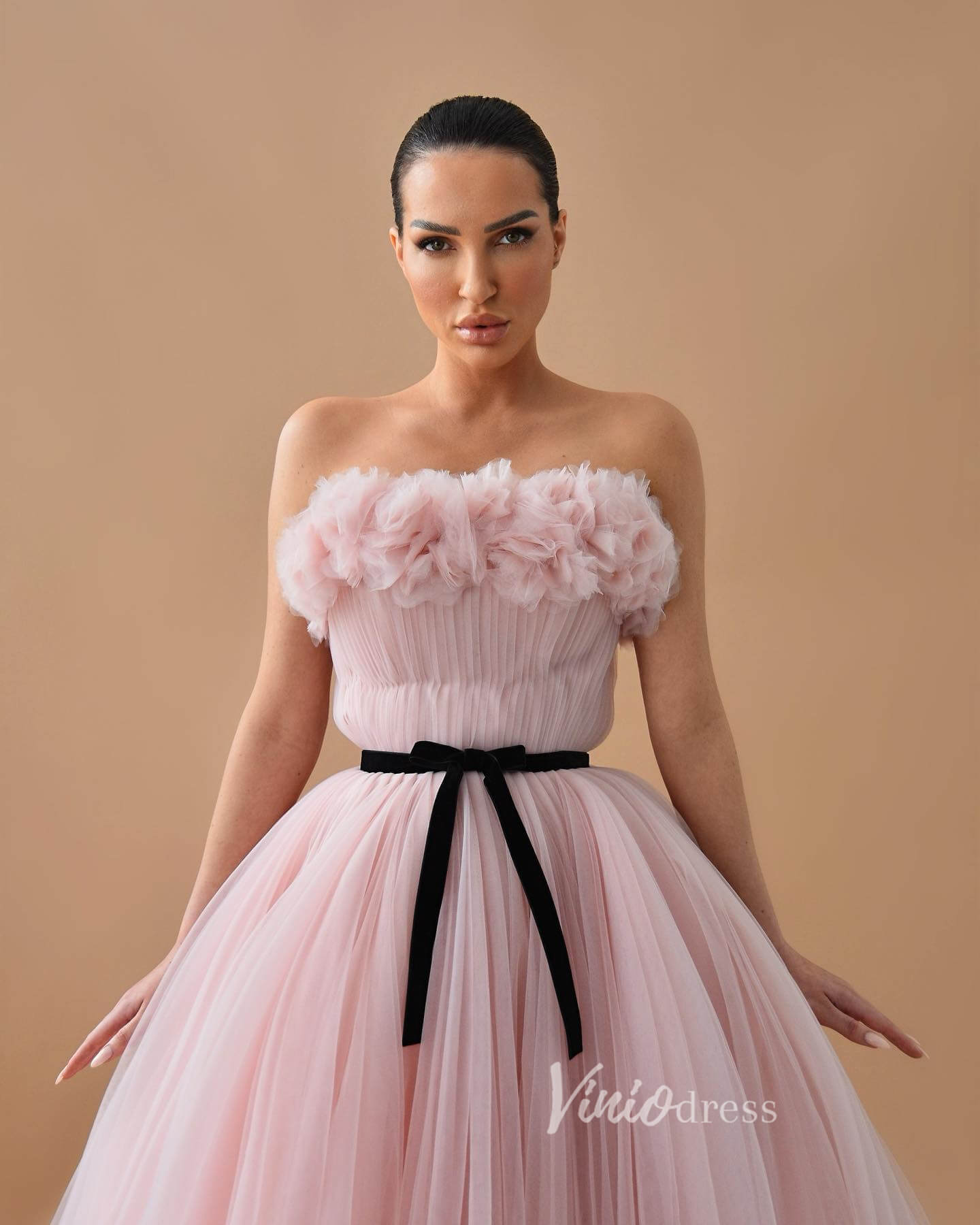 Pink Strapless Short Prom Dresses with Belt Pleated Tulle Hoco Dress FD3600-prom dresses 2025 -Viniodress-Pink-Custom Size-