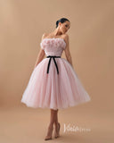 Pink Strapless Short Prom Dresses with Belt Pleated Tulle Hoco Dress FD3600-prom dresses-Viniodress-Viniodress