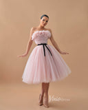 Pink Strapless Short Prom Dresses with Belt Pleated Tulle Hoco Dress FD3600