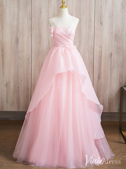 Pink Strapless Tiered Ruffled Quinceanera Dresses Floral Ball Gown AD1367-prom dresses 2025 -Viniodress-Pink-Custom Size-