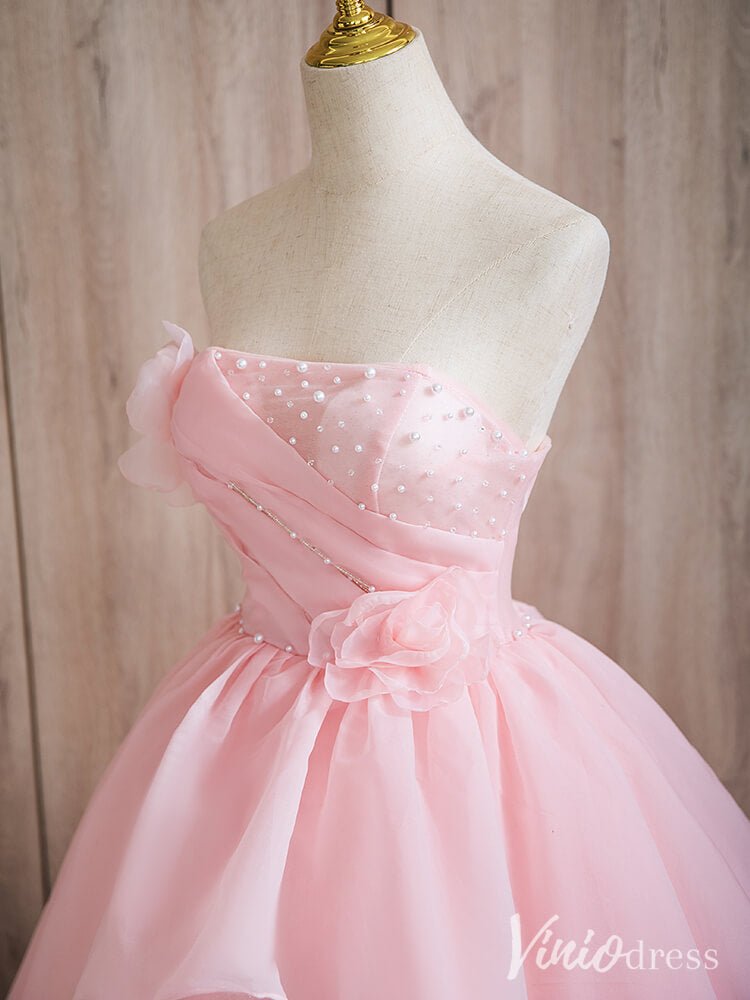 Pink Strapless Tiered Ruffled Quinceanera Dresses Floral Ball Gown AD1367-prom dresses 2025 -Viniodress-Pink-Custom Size-
