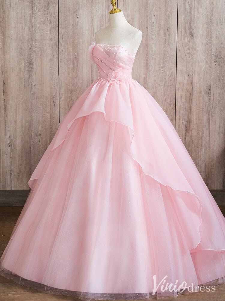 Pink Strapless Tiered Ruffled Quinceanera Dresses Floral Ball Gown AD1367 - Viniodressprom dressesPinkCustom Size - Formal Dresses - Ball Gowns