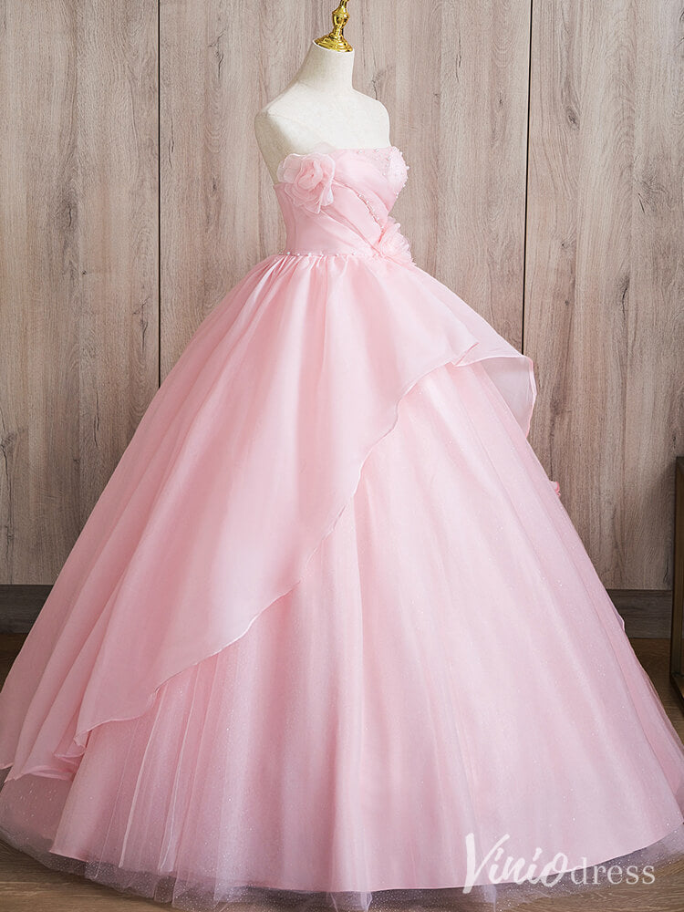 Pink Strapless Tiered Ruffled Quinceanera Dresses Floral Ball Gown AD1367-prom dresses-Viniodress-Viniodress