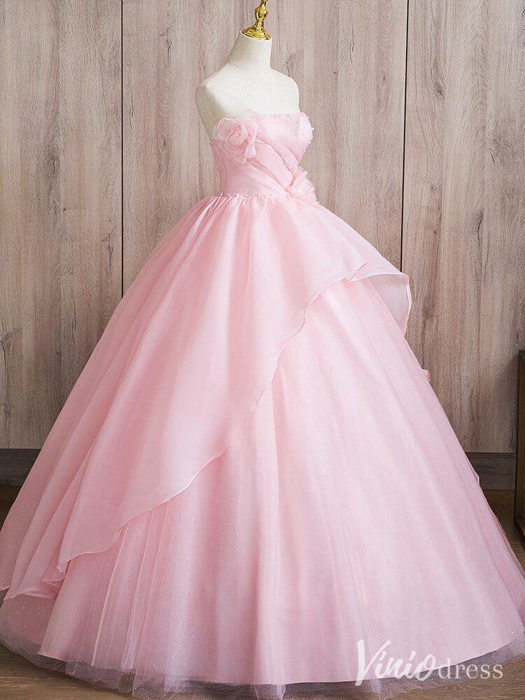 Pink Strapless Tiered Ruffled Quinceanera Dresses Floral Ball Gown AD1367 - Viniodressprom dressesPinkCustom Size - Formal Dresses - Ball Gowns