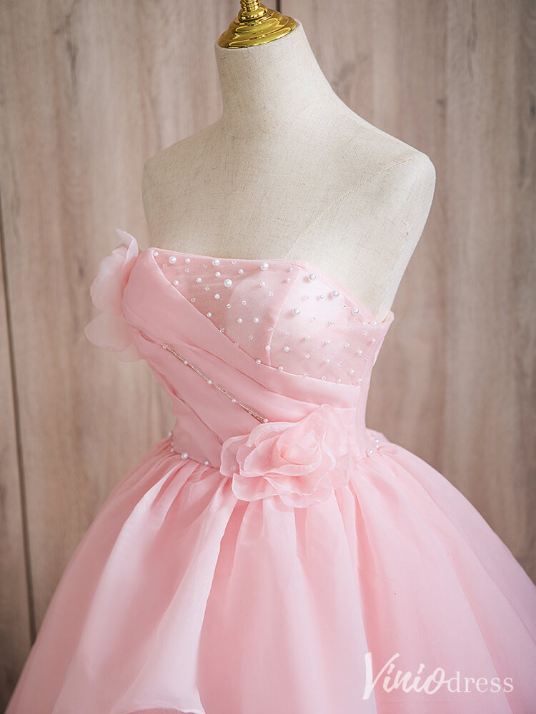 Pink Strapless Tiered Ruffled Quinceanera Dresses Floral Ball Gown AD1367-prom dresses-Viniodress-Viniodress