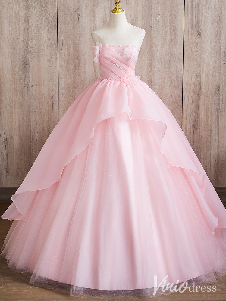 Pink Strapless Tiered Ruffled Quinceanera Dresses Floral Ball Gown AD1367-prom dresses-Viniodress-Pink-Custom Size-Viniodress