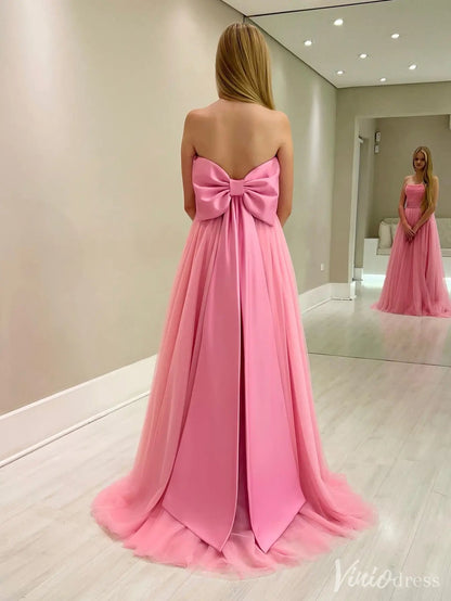 Pink Strapless Tulle Prom Dress with Bow-Tie Belt & Ruched Bodice | IS006-prom dresses 2025 -Viniodress-Pink-Custom Size-