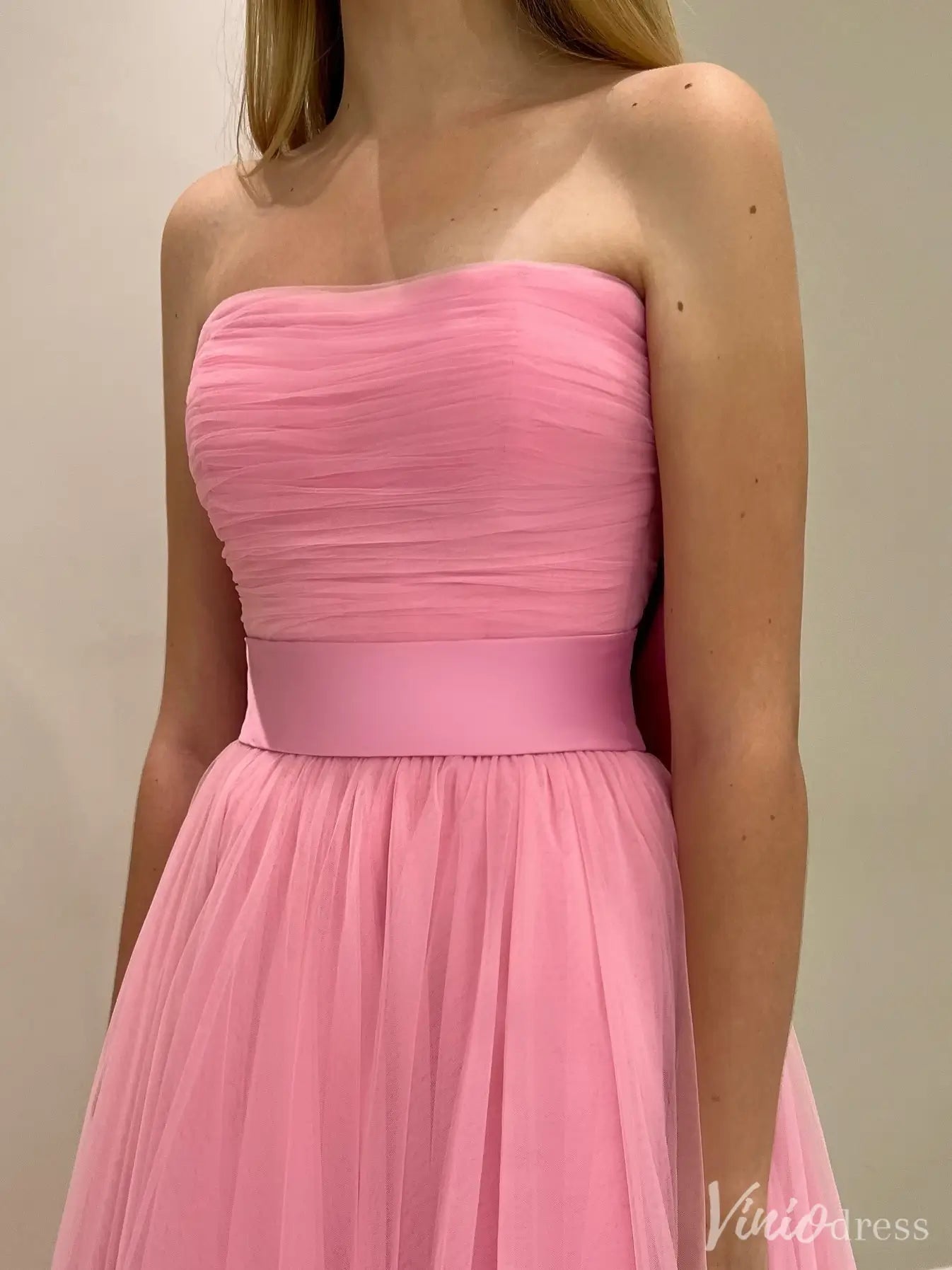 Pink Strapless Tulle Prom Dress with Bow-Tie Belt & Ruched Bodice | IS006-prom dresses 2025 -Viniodress-Pink-Custom Size-