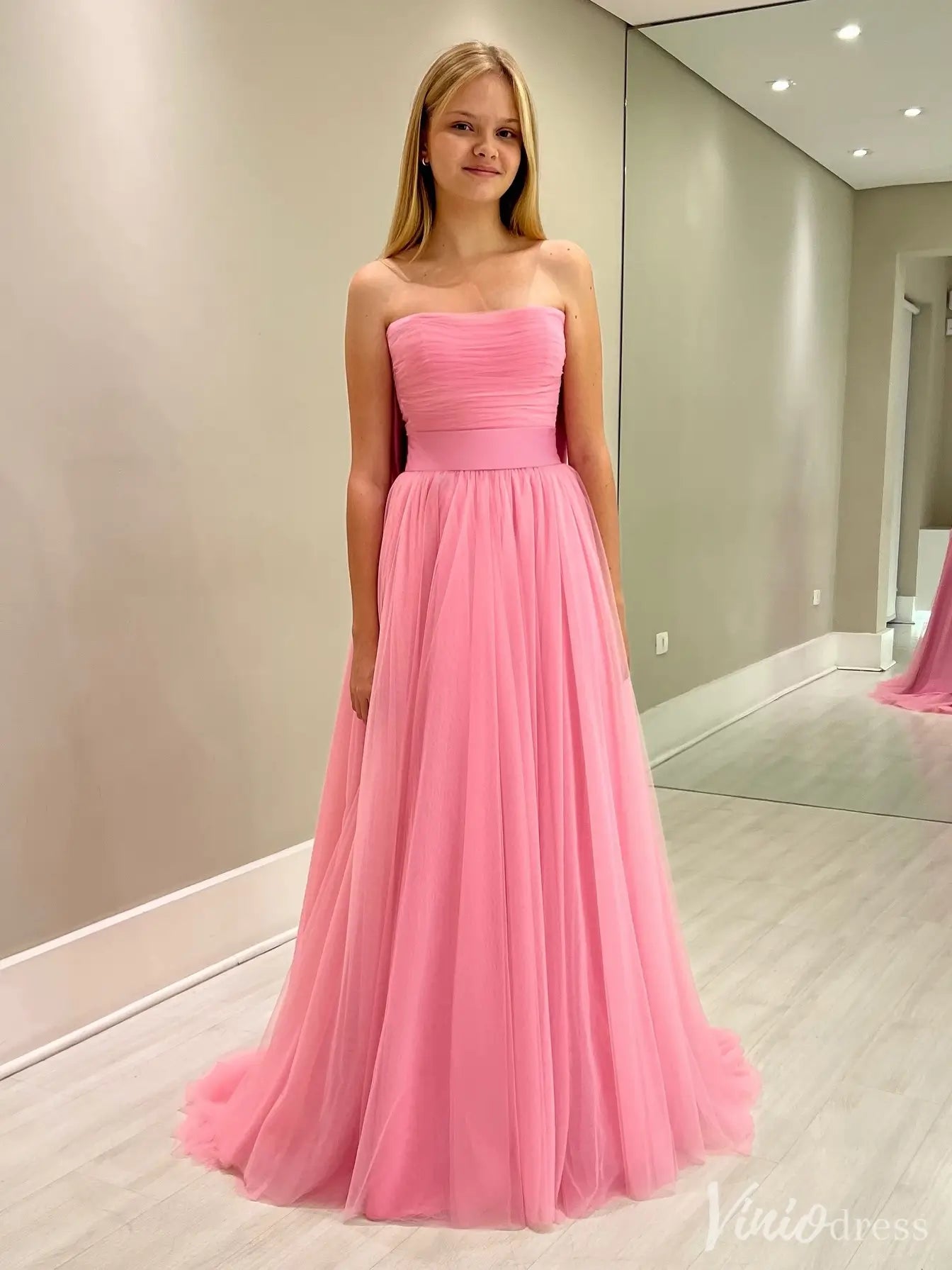 Pink Strapless Tulle Prom Dress with Bow-Tie Belt & Ruched Bodice | IS006-prom dresses 2025 -Viniodress-Pink-Custom Size-