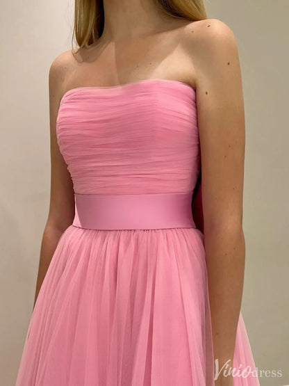 Pink Strapless Tulle Prom Dress with Bow-Tie Belt & Ruched Bodice | IS006-prom dresses 2025 -Viniodress-Pink-Custom Size-