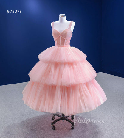 Pink Tea Length Prom Dress Tiered Tulle Evening Dress 67307B-prom dresses 2025 -Viniodress-Pink-Custom Size-