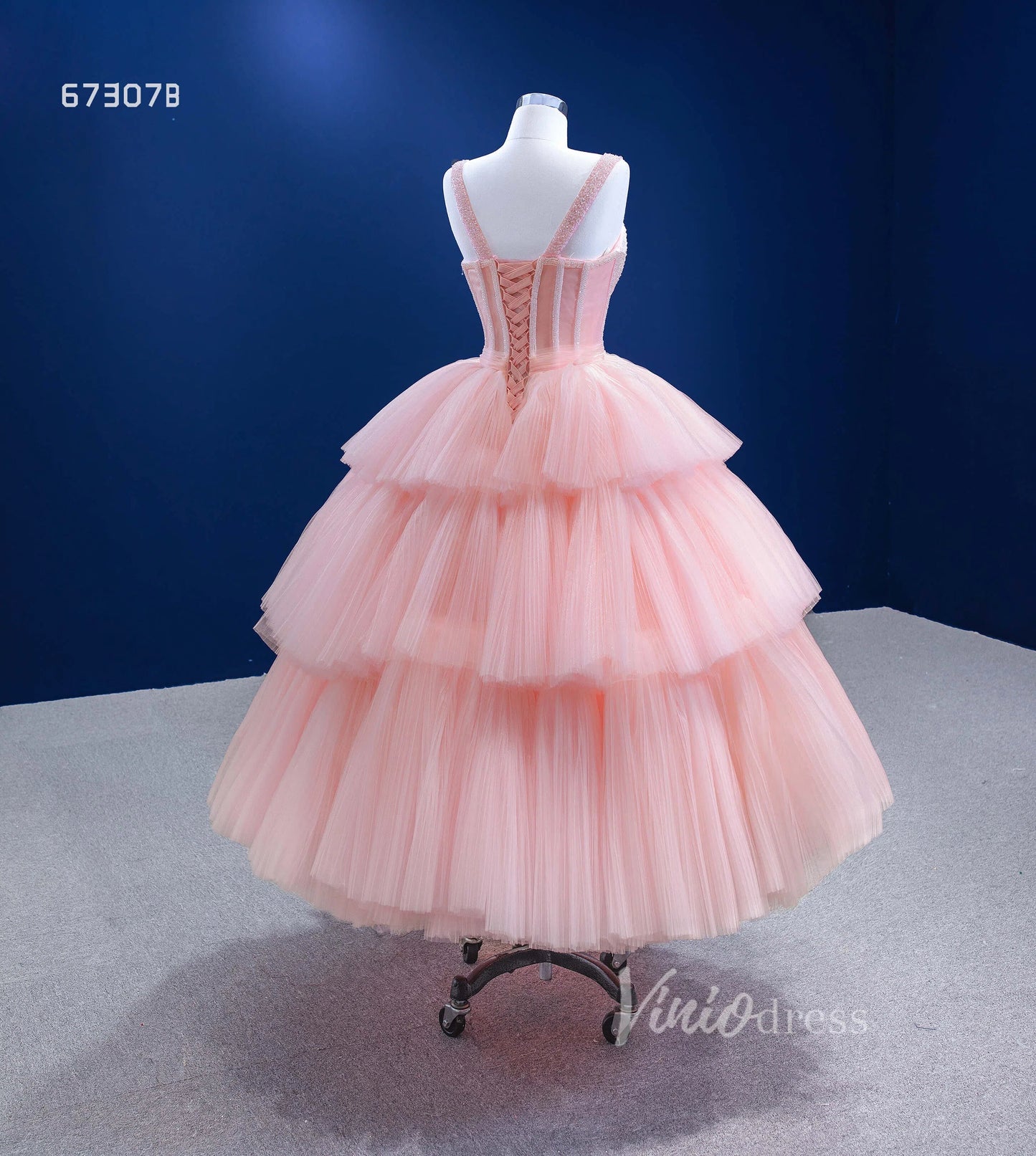 Prom Dress 2025 Pink Tea Length Prom Dress Tiered Tulle Evening Dress 67307B-unique prom dresses-Pink-Custom Size-Viniodress