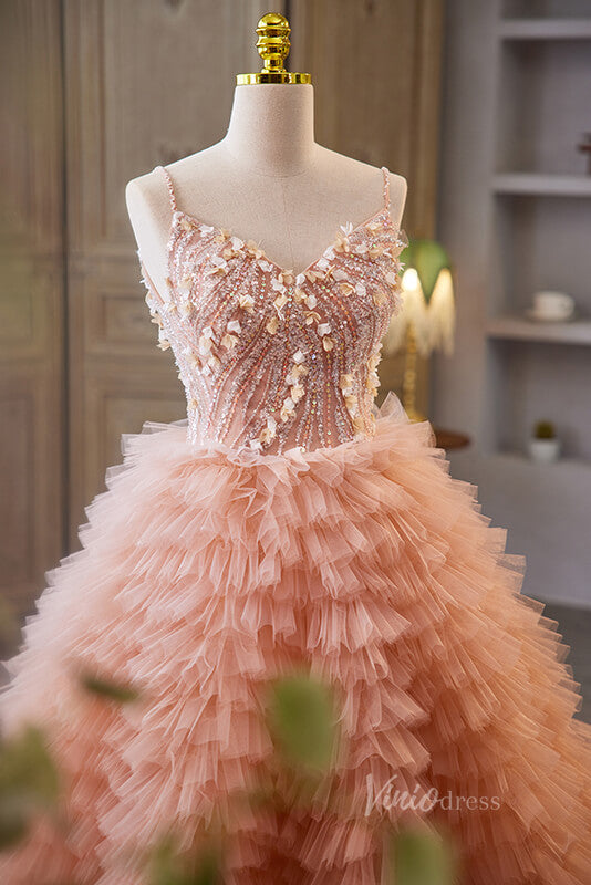 Pink Tiered Beaded Prom Dresses Spaghetti Strap Formal Dress AD1069-prom dresses-Viniodress-Viniodress
