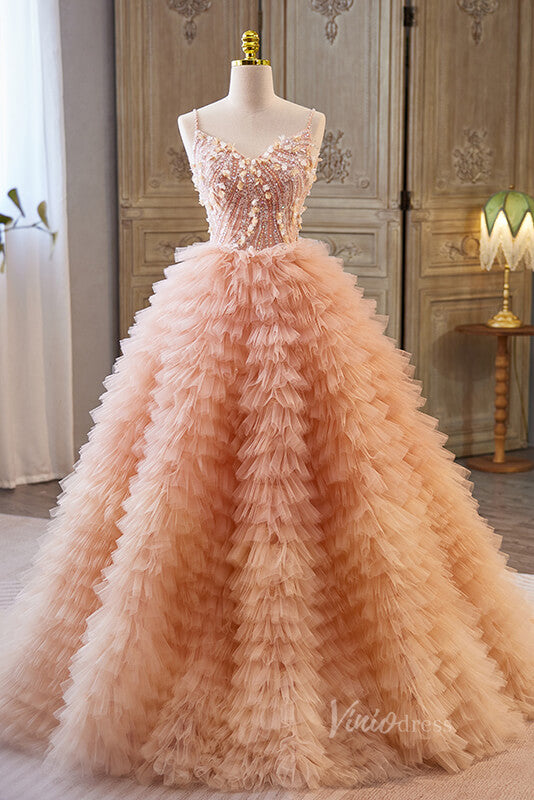 Pink Tiered Beaded Prom Dresses Spaghetti Strap Formal Dress AD1069-prom dresses-Viniodress-Pink-Custom Size-Viniodress