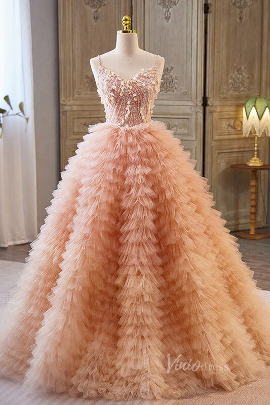 Pink Tiered Beaded Prom Dresses Spaghetti Strap Formal Dress AD1069 - Viniodressprom dressesPinkCustom Size - Formal Dresses - Ball Gowns