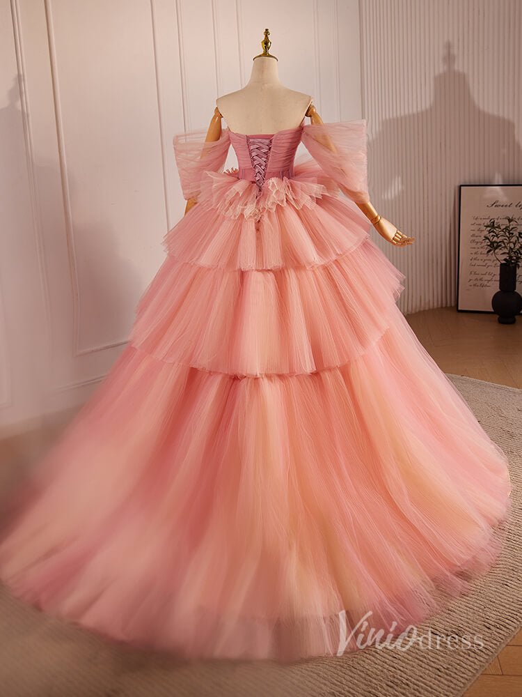 Pink Tiered Pleated 3D Flower Prom Dresses Off the Shoulder Quinceanera Dress 90027-prom dresses 2025 -Viniodress-Pink-Custom Size-