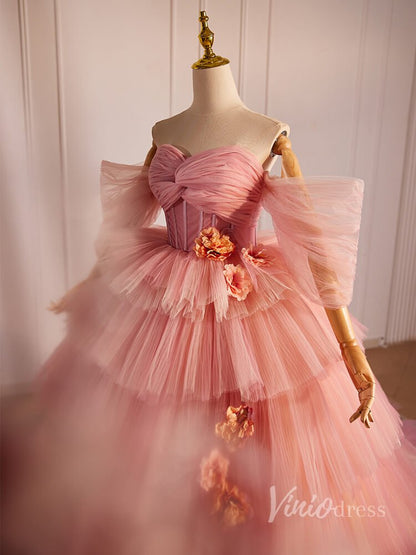 Pink Tiered Pleated 3D Flower Prom Dresses Off the Shoulder Quinceanera Dress 90027-prom dresses 2025 -Viniodress-Pink-Custom Size-