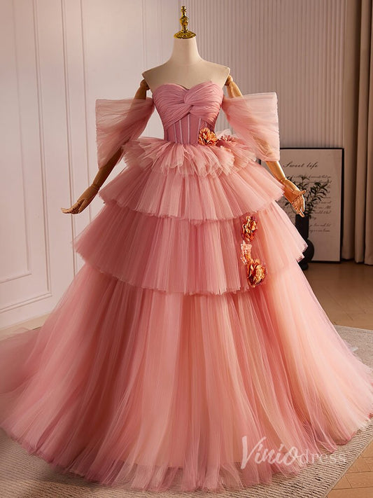 Pink Tiered Pleated 3D Flower Prom Dresses Off the Shoulder Quinceanera Dress 90027 - Viniodressprom dressesPinkCustom Size - Formal Dresses - Ball Gowns