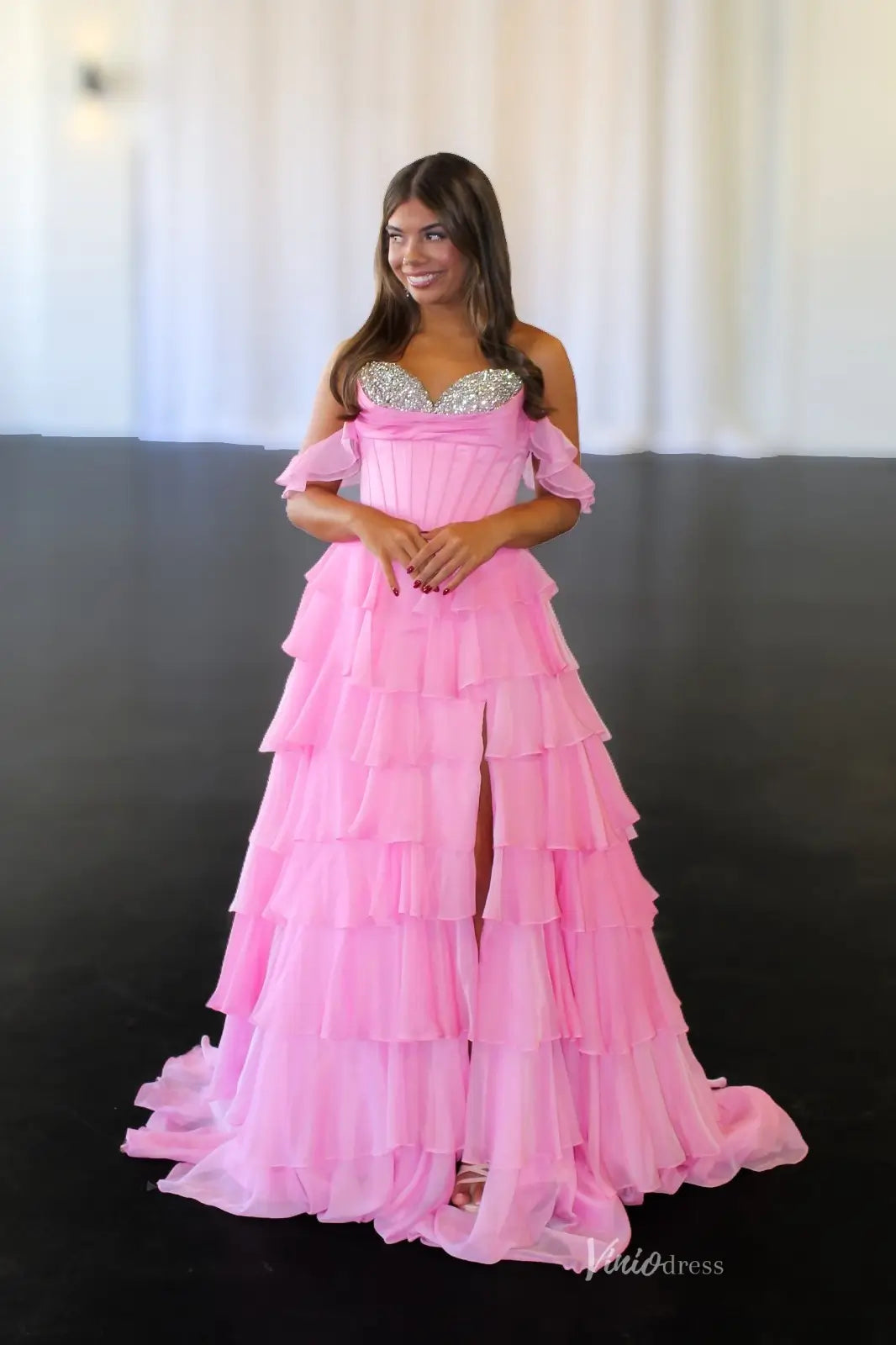 Pink Tiered Ruffle Prom Dress with Rhinestone Sweetheart Neckline & High Slit – RF320-prom dresses 2026-Viniodress-Pink-Custom Size-