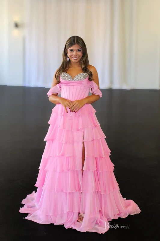 Pink Tiered Ruffle Prom Dress with Rhinestone Sweetheart Neckline & High Slit – RF320-prom dresses 2026-Viniodress-Pink-Custom Size-