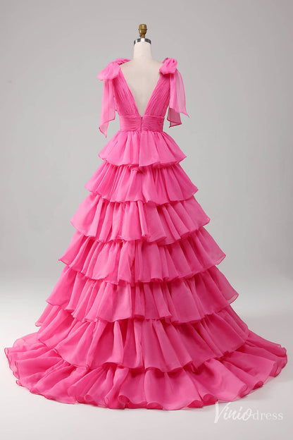 Pink Tiered Ruffled Prom Dresses Bow-Tie Pleated Bodice V-Neck FD4041B-prom dresses 2025 -Viniodress-Pink-Custom Size-