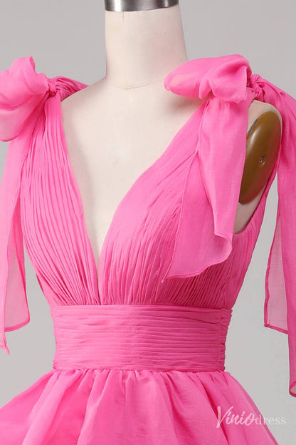 Pink Tiered Ruffled Prom Dresses Bow-Tie Pleated Bodice V-Neck FD4041B-prom dresses 2025 -Viniodress-Pink-Custom Size-