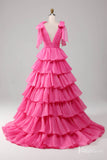 Pink Tiered Ruffled Prom Dresses Bow-Tie Pleated Bodice V-Neck FD4041B-prom dresses-Viniodress-Viniodress