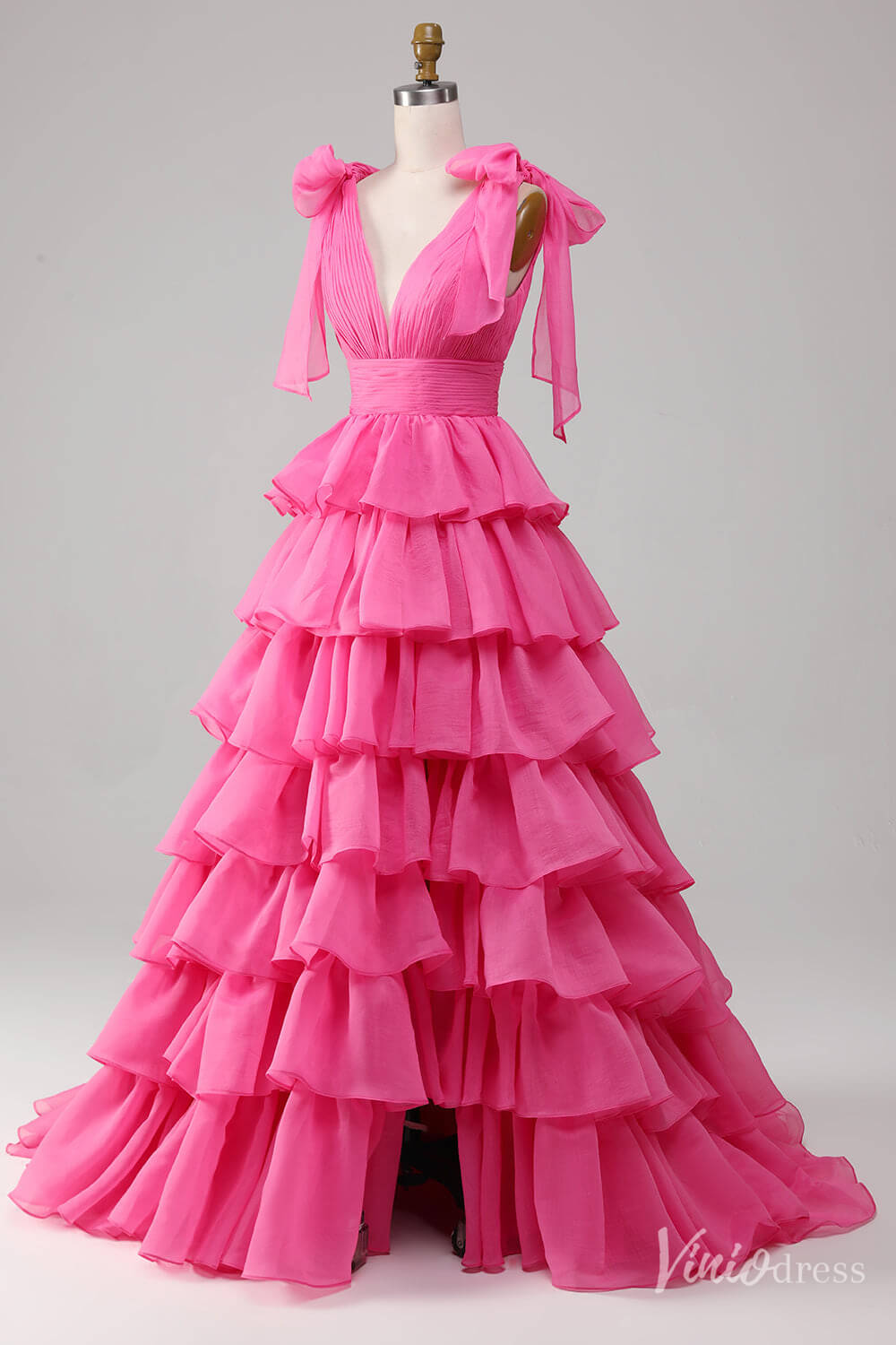 Pink Tiered Ruffled Prom Dresses Bow - Tie Pleated Bodice V - Neck FD4041B - Viniodressprom dressesPinkCustom Size - Formal Dresses - Ball Gowns