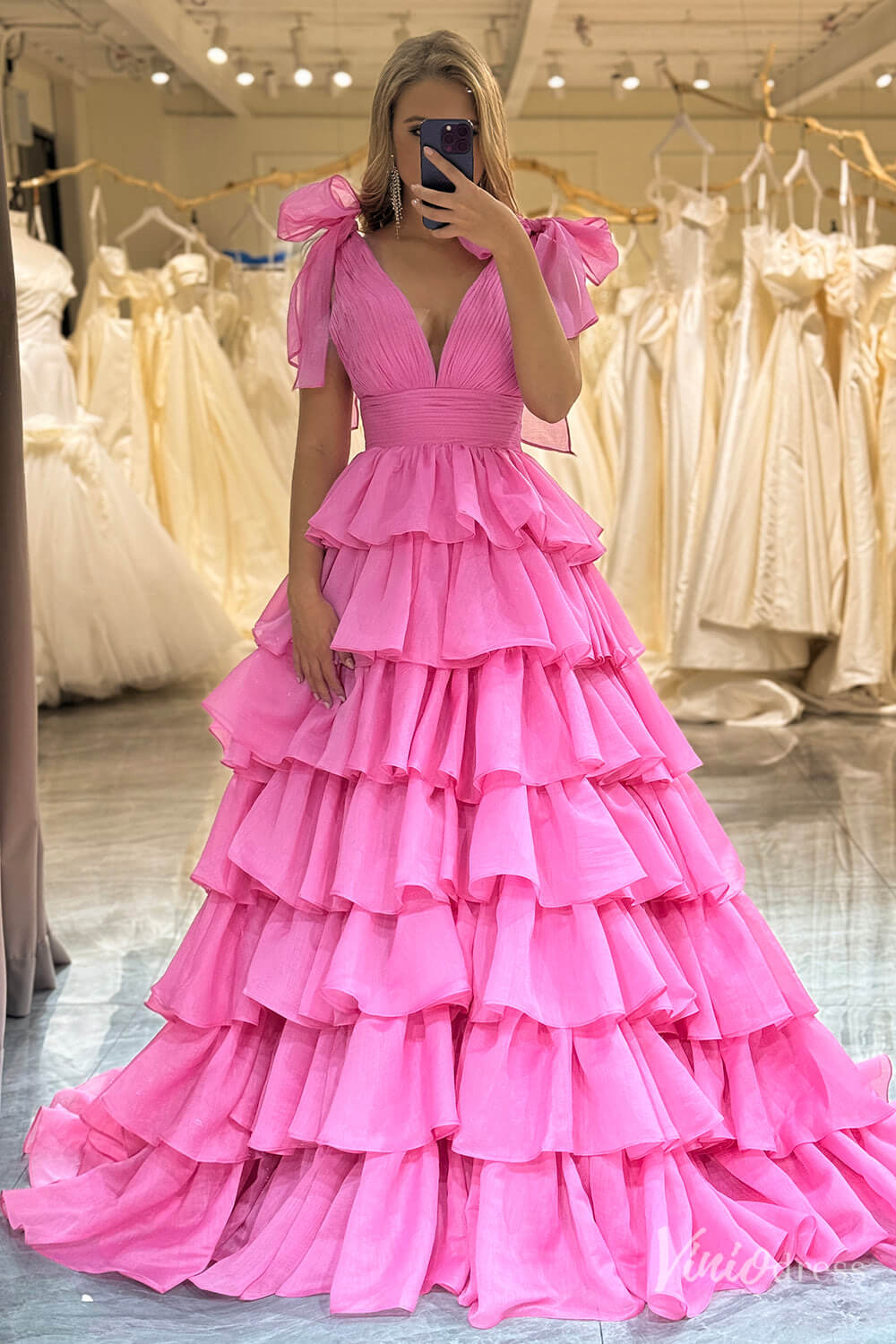 Pink Tiered Ruffled Prom Dresses Bow-Tie Pleated Bodice V-Neck FD4041B-prom dresses-Viniodress-Pink-Custom Size-Viniodress