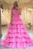 Pink Tiered Ruffled Prom Dresses Bow-Tie Pleated Bodice V-Neck FD4041B