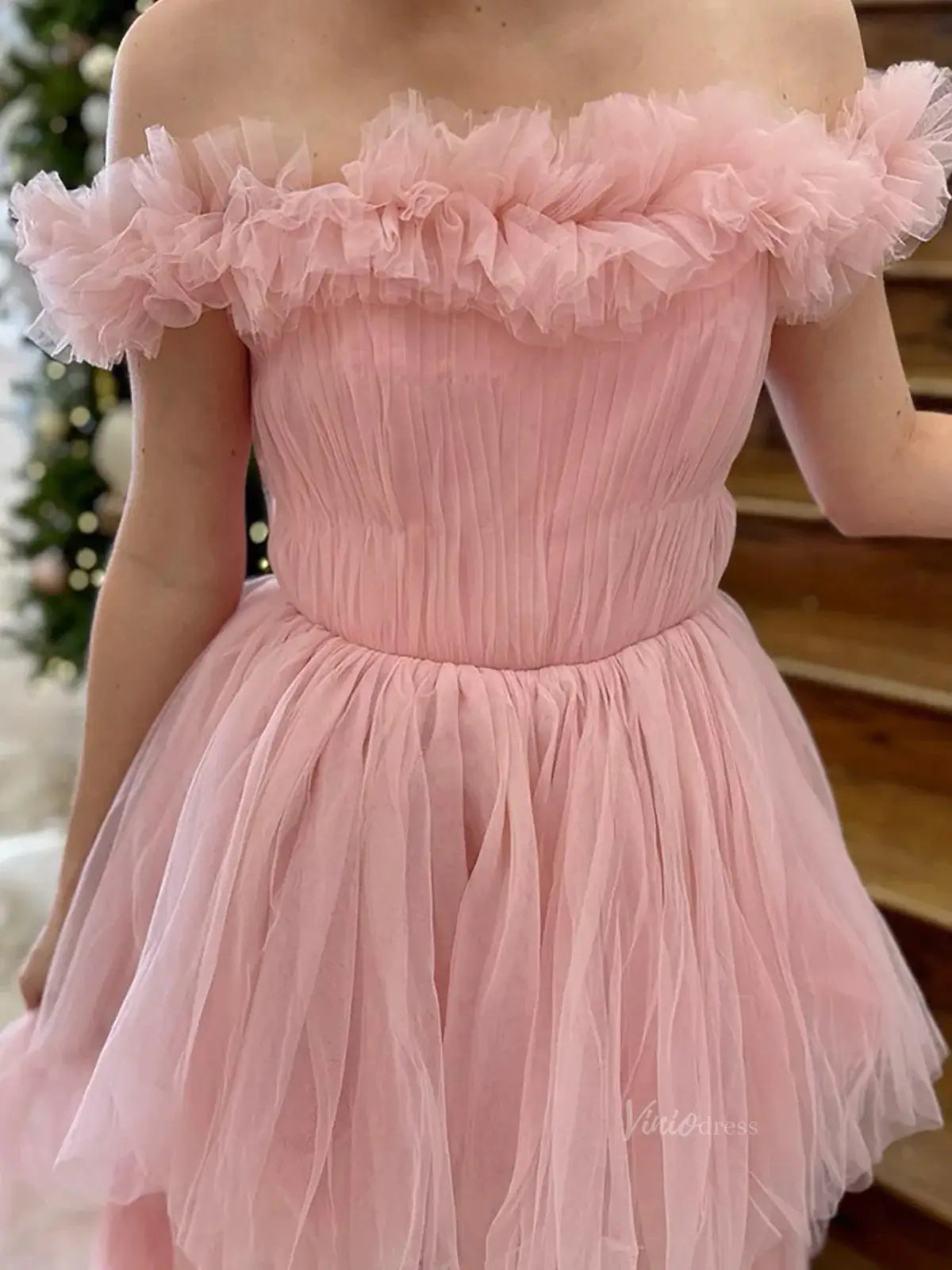 prom dresses 2025 Pink Tiered Ruffled Prom Dresses with Slit Off the Shoulder Pleated Tulle Formal Dress - FD3717-plus size wedding dresses Viniodress-Pink-Custom Size-