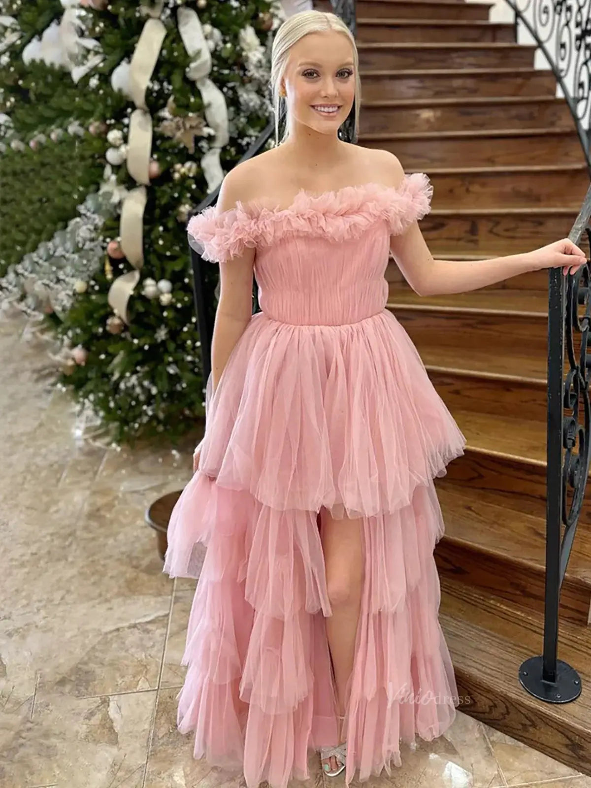 prom dresses 2025 Pink Tiered Ruffled Prom Dresses with Slit Off the Shoulder Pleated Tulle Formal Dress - FD3717-plus size wedding dresses Viniodress-Pink-Custom Size-