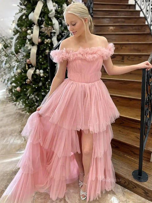 prom dresses 2025 Pink Tiered Ruffled Prom Dresses with Slit Off the Shoulder Pleated Tulle Formal Dress - FD3717-plus size wedding dresses Viniodress-Pink-Custom Size-