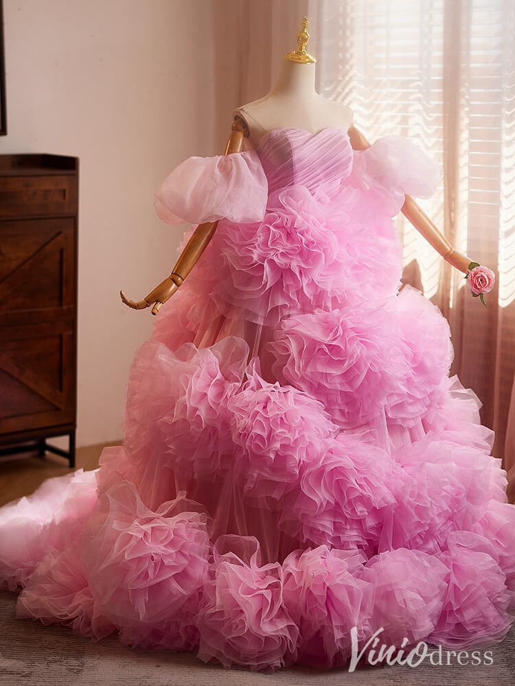 Pink Tiered Ruffled Rosette Quinceanera Dress Off the Shoulder Prom Ball Gown AD1300-Quinceanera Dresses 2025 -Viniodress-Pink-Custom Size-