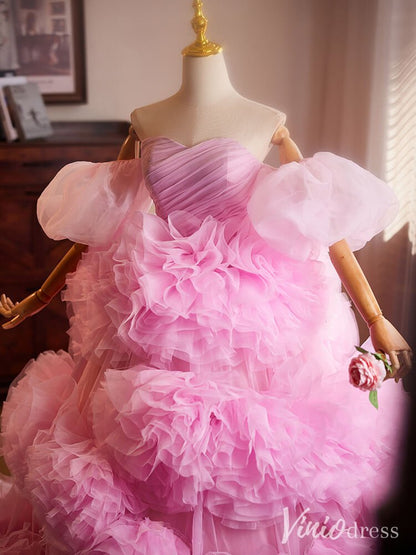 Pink Tiered Ruffled Rosette Quinceanera Dress Off the Shoulder Prom Ball Gown AD1300-Quinceanera Dresses 2025 -Viniodress-Pink-Custom Size-