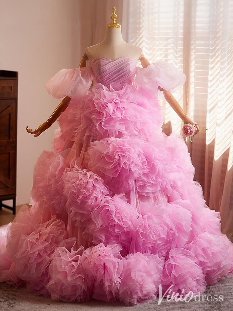 Pink Tiered Ruffled Rosette Quinceanera Dress Off the Shoulder Prom Ball Gown AD1300-Quinceanera Dresses 2025 -Viniodress-Pink-Custom Size-
