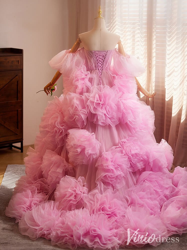 Pink Tiered Ruffled Rosette Quinceanera Dress Off the Shoulder Prom Ball Gown AD1300 - ViniodressQuinceanera DressesPinkCustom Size - Formal Dresses - Ball Gowns