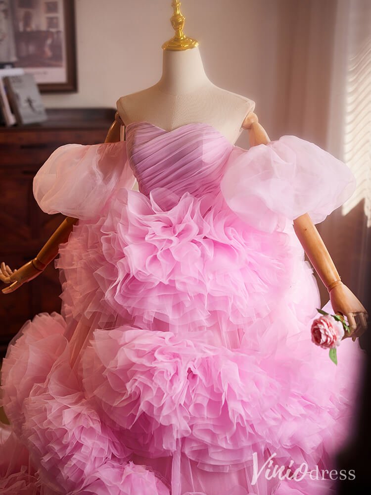 Pink Tiered Ruffled Rosette Quinceanera Dress Off the Shoulder Prom Ball Gown AD1300 - ViniodressQuinceanera DressesPinkCustom Size - Formal Dresses - Ball Gowns