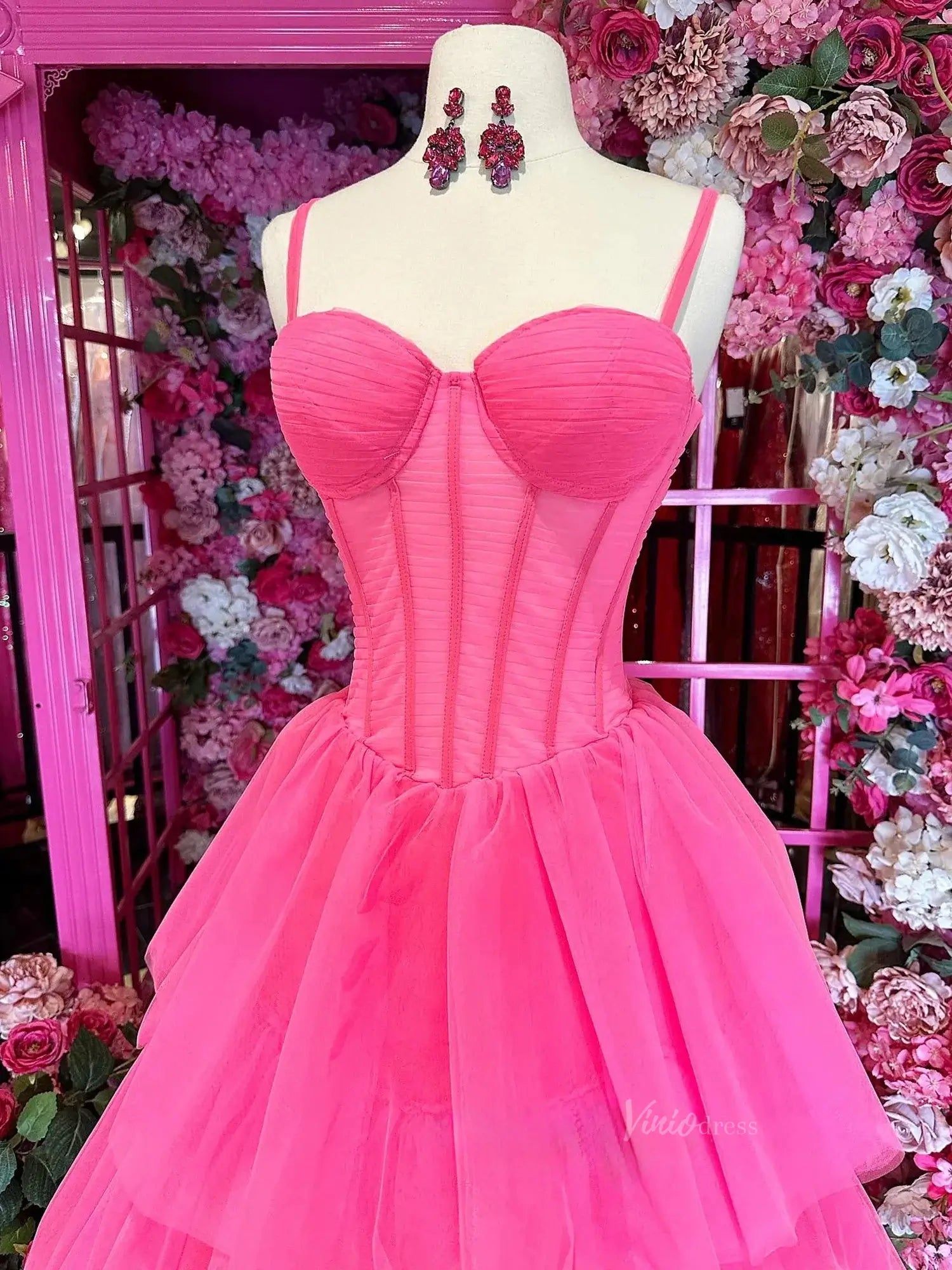 prom dresses 2025 Pink Tiered Tulle Prom Dresses Spaghetti Strap Sheer Boned Bodice Formal Dresses - FD3703-plus size wedding dresses Viniodress-Pink-Custom Size-