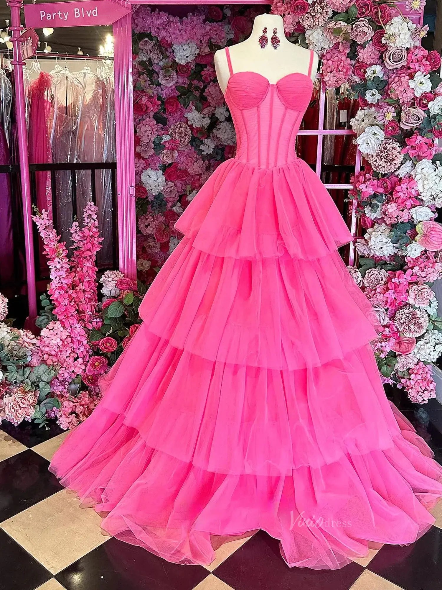 prom dresses 2025 Pink Tiered Tulle Prom Dresses Spaghetti Strap Sheer Boned Bodice Formal Dresses - FD3703-plus size wedding dresses Viniodress-Pink-Custom Size-