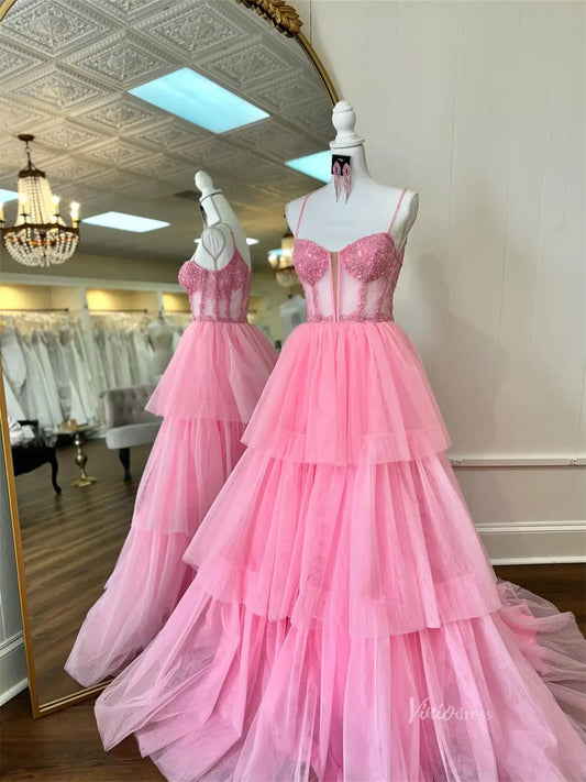 Pink Tiered Tulle Prom Dresses with Sequin Lace, Spaghetti Straps & Sheer Boned Bodice - FD3738-prom dresses 2025 -Viniodress-Pink-Custom Size-