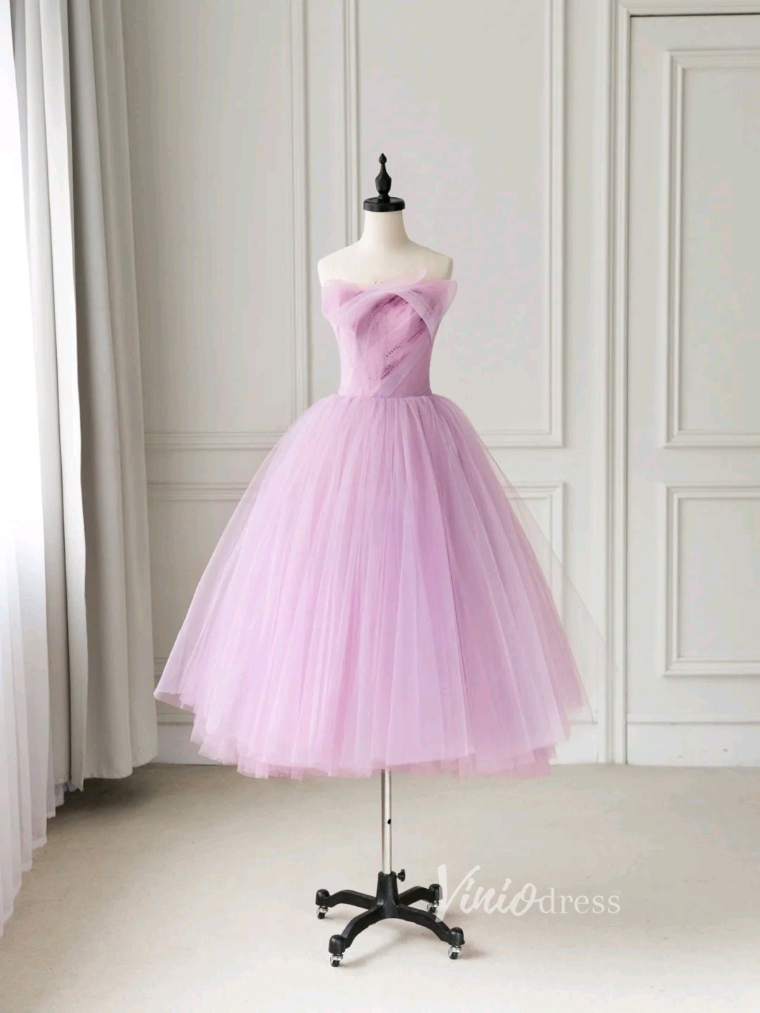 Pink Tulle Prom Dresses Mid-Length Strapless Homecoming Dress FD3225-prom dresses 2025 -Viniodress-Pink-Custom Size-