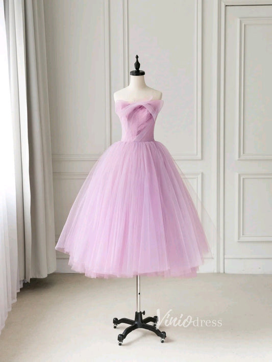 Pink Tulle Prom Dresses Mid-Length Strapless Homecoming Dress FD3225-prom dresses 2025 -Viniodress-Pink-Custom Size-